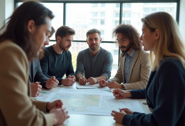 Ciné-Lieux Solutions team discussing a project in their office or on location.