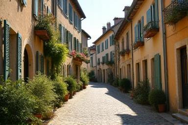 A quaint street in a traditional French village, representing small-town and community-focused filming.