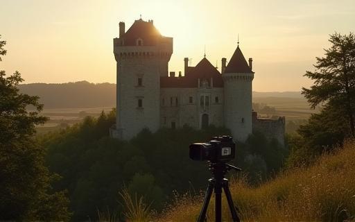 A camera set up outside a picturesque medieval French castle at dawn, illustrating work on an independent film project.