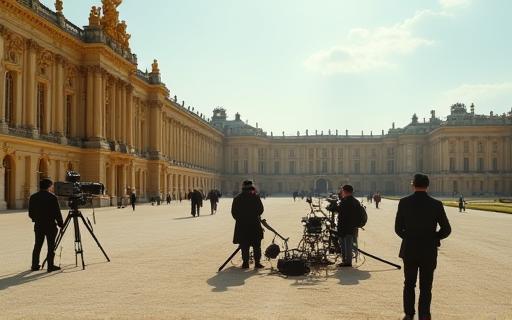 Filming crew setting up near the iconic Palace of Versailles, demonstrating work on a large-scale historical project.